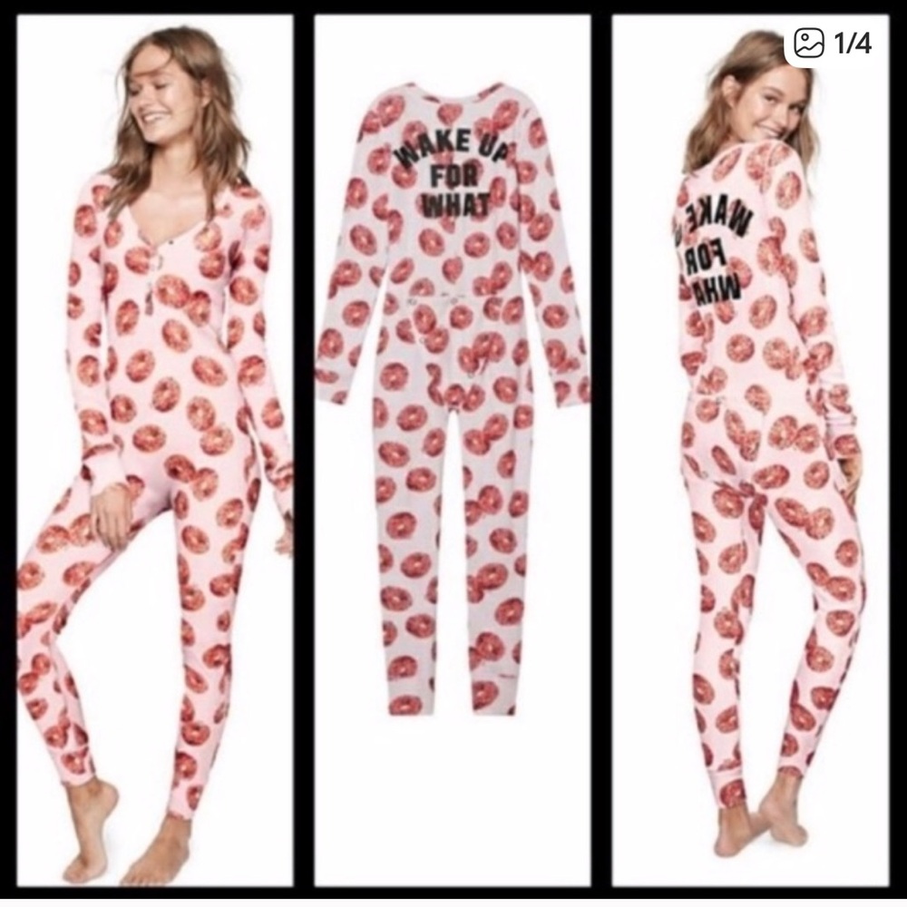VS PINK DONUT WAKE UP FOR WHAT ONESIE Pajamas with Butt Flap Small